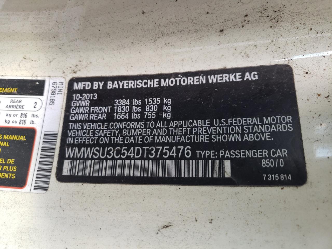 2013 Mini Cooper VIN: WMWSU3C54DT375476 Lot: 87284925