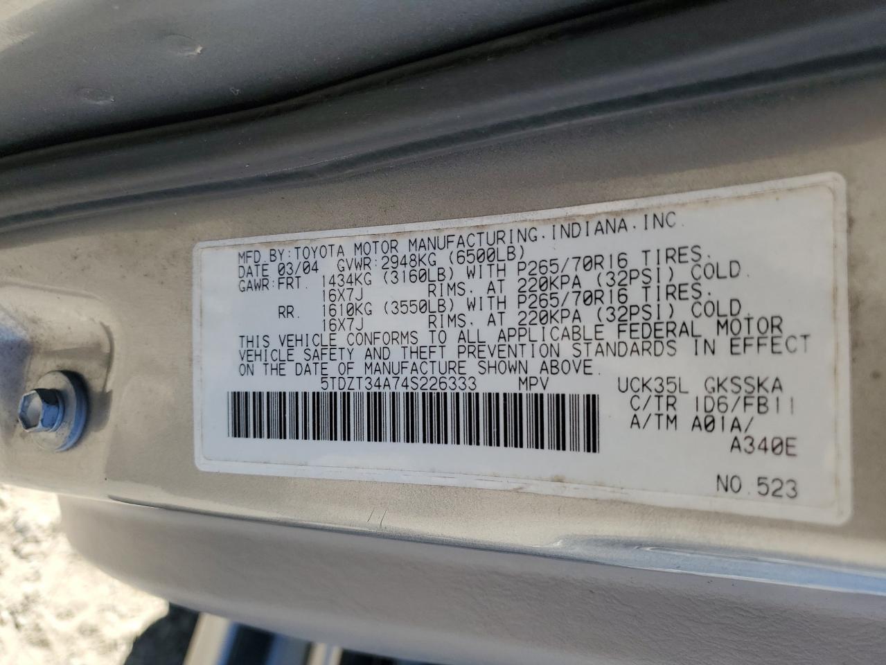 2004 Toyota Sequoia Sr5 VIN: 5TDZT34A74S226333 Lot: 86518255