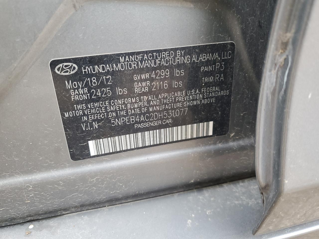 2013 Hyundai Sonata Gls VIN: 5NPEB4AC2DH531077 Lot: 89826235