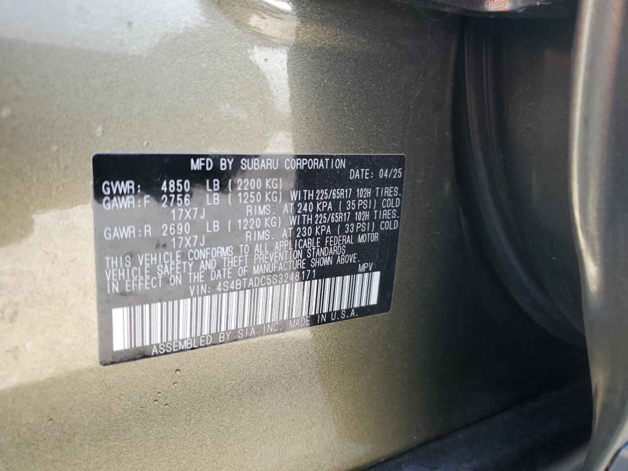 2025 Subaru Outback Premium VIN: 4S4BTADC5S3248171 Lot: 89544605