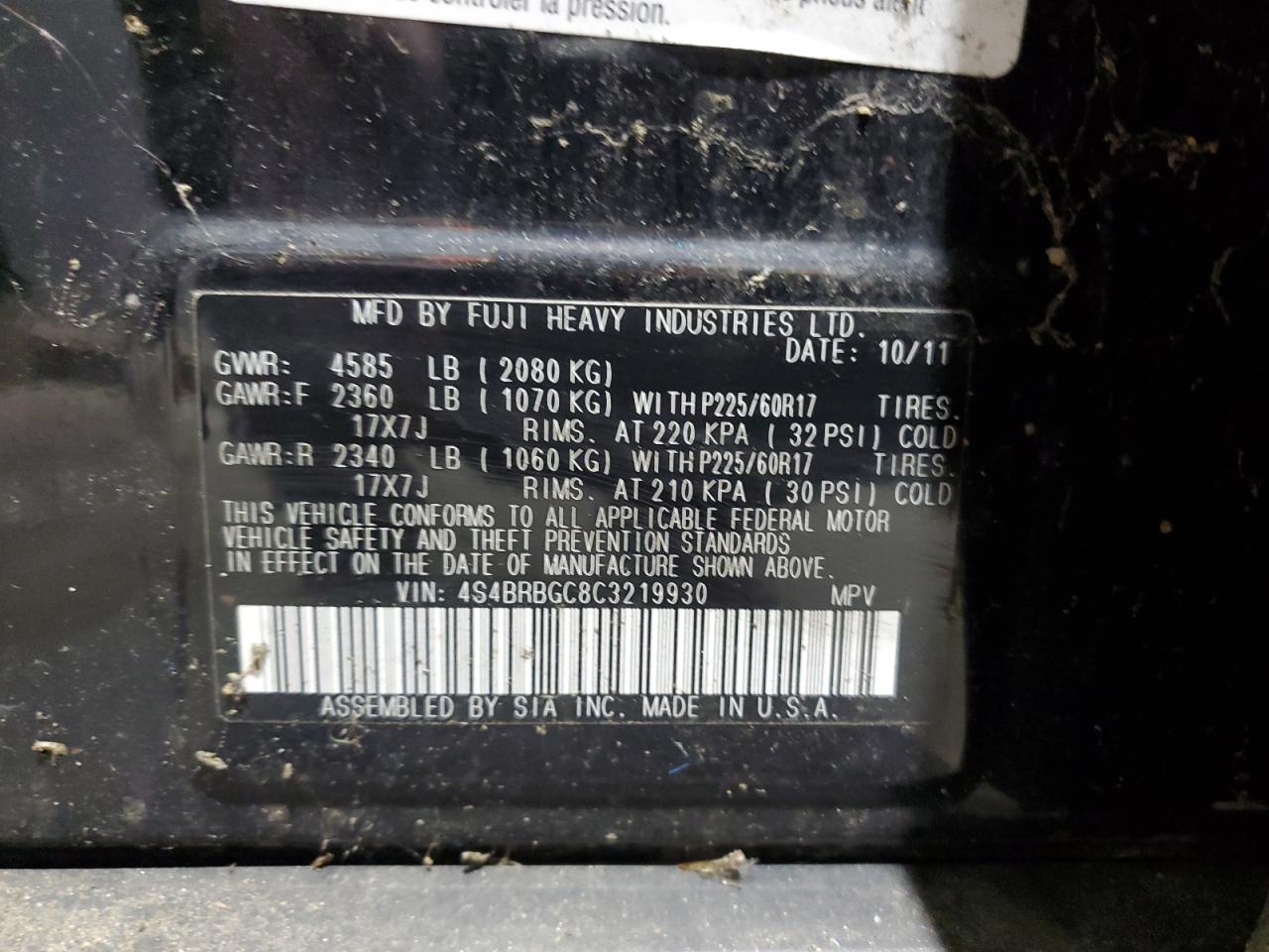 2012 Subaru Outback 2.5I Premium VIN: 4S4BRBGC8C3219930 Lot: 86189755