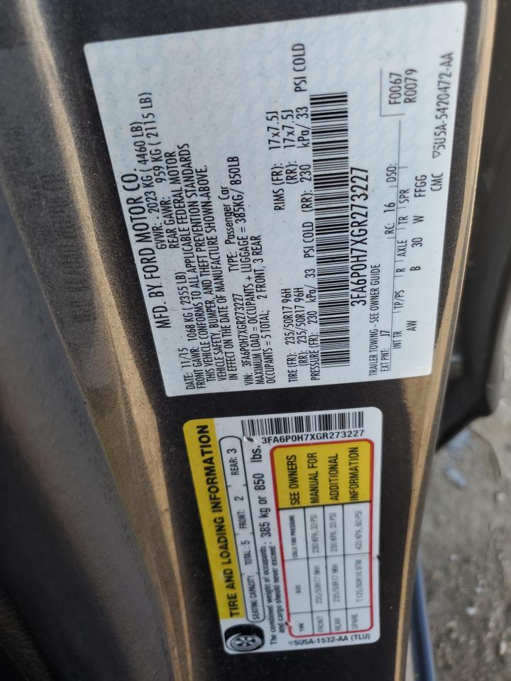 2016 Ford Fusion Se VIN: 3FA6P0H7XGR273227 Lot: 84733135