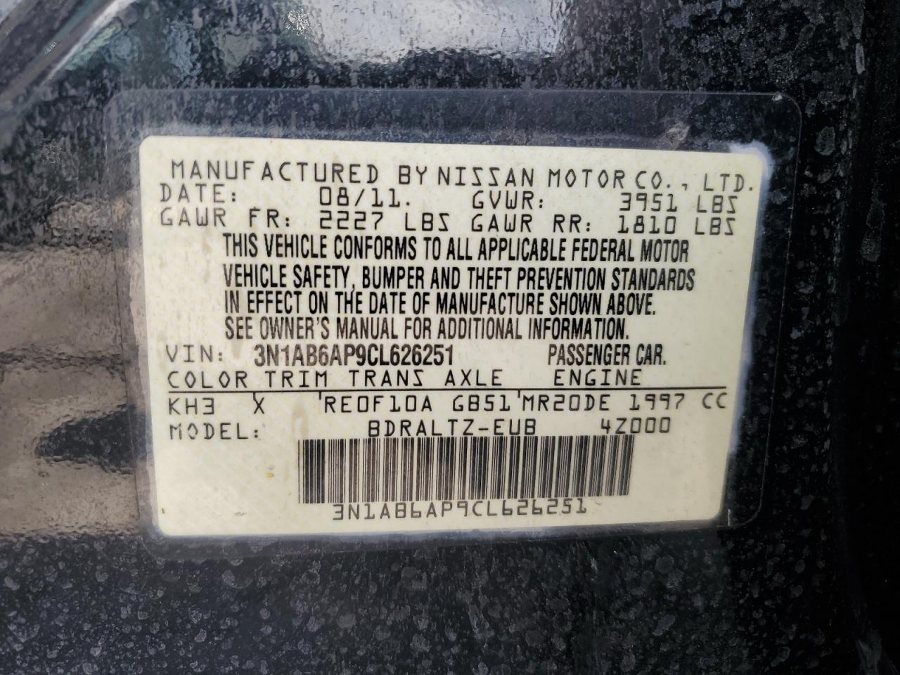 2012 Nissan Sentra 2.0 VIN: 3N1AB6AP9CL626251 Lot: 82362835