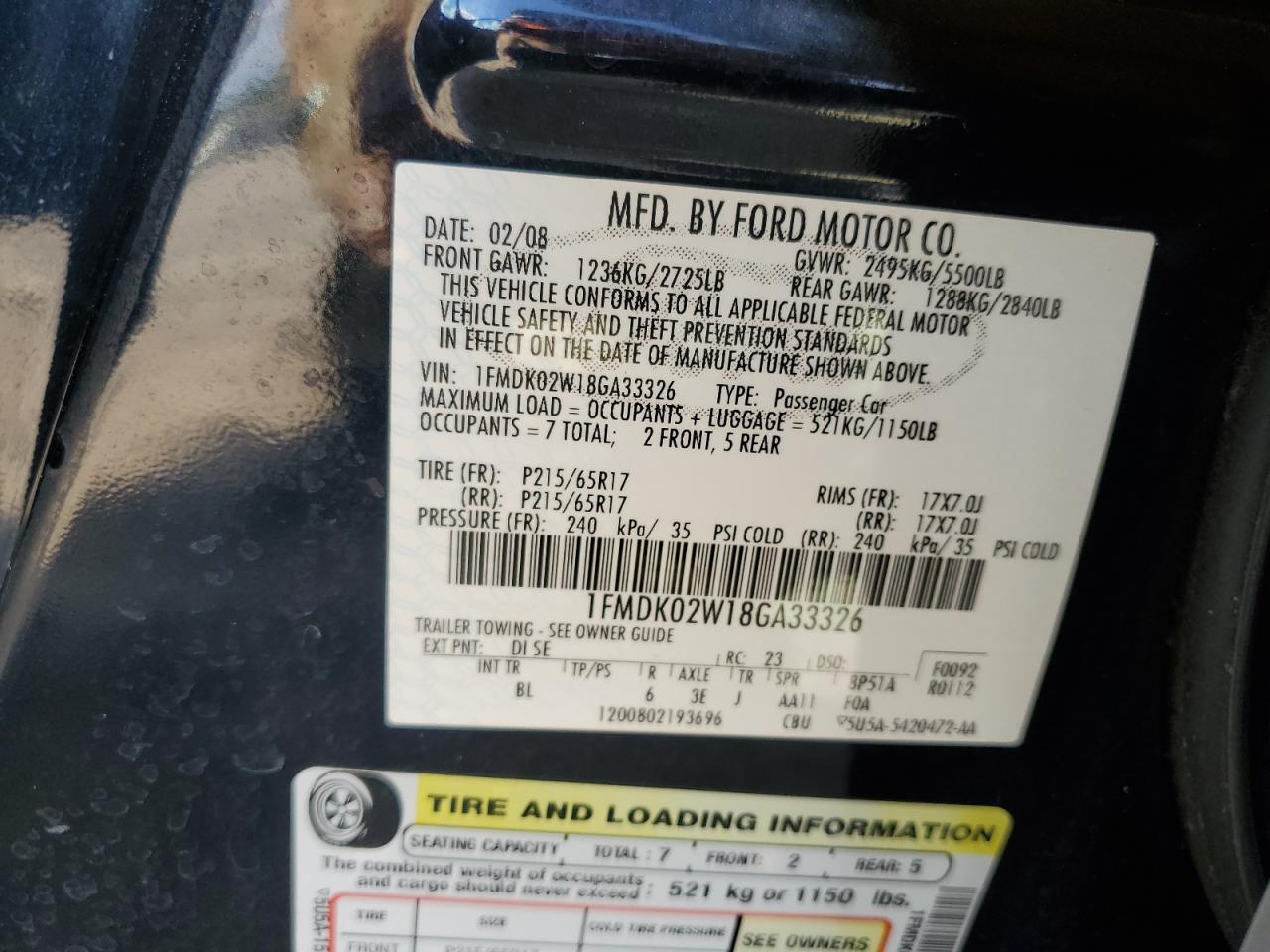 2008 Ford Taurus X Sel VIN: 1FMDK02W18GA33326 Lot: 82437695