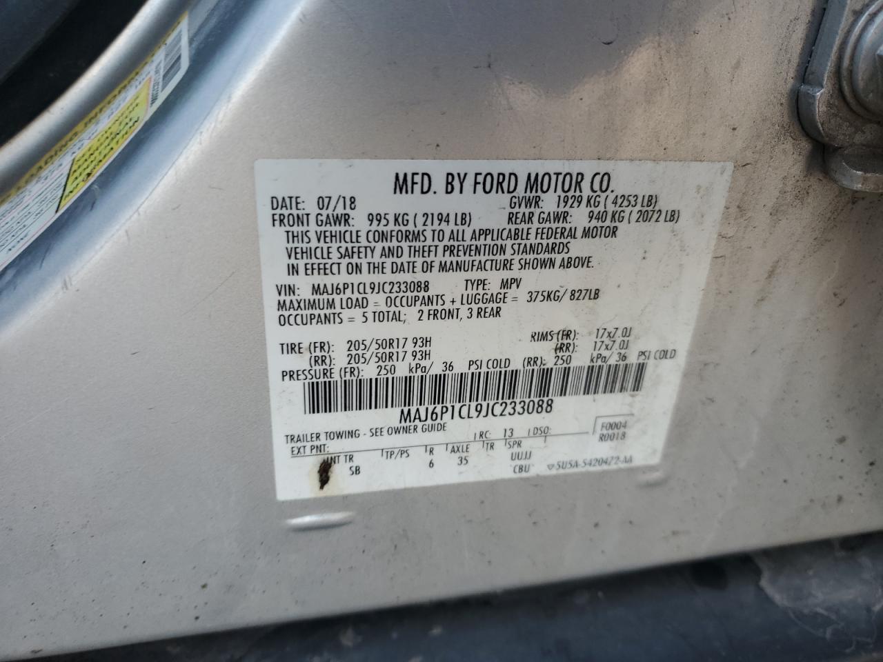 2018 Ford Ecosport Ses VIN: MAJ6P1CL9JC233088 Lot: 84878575