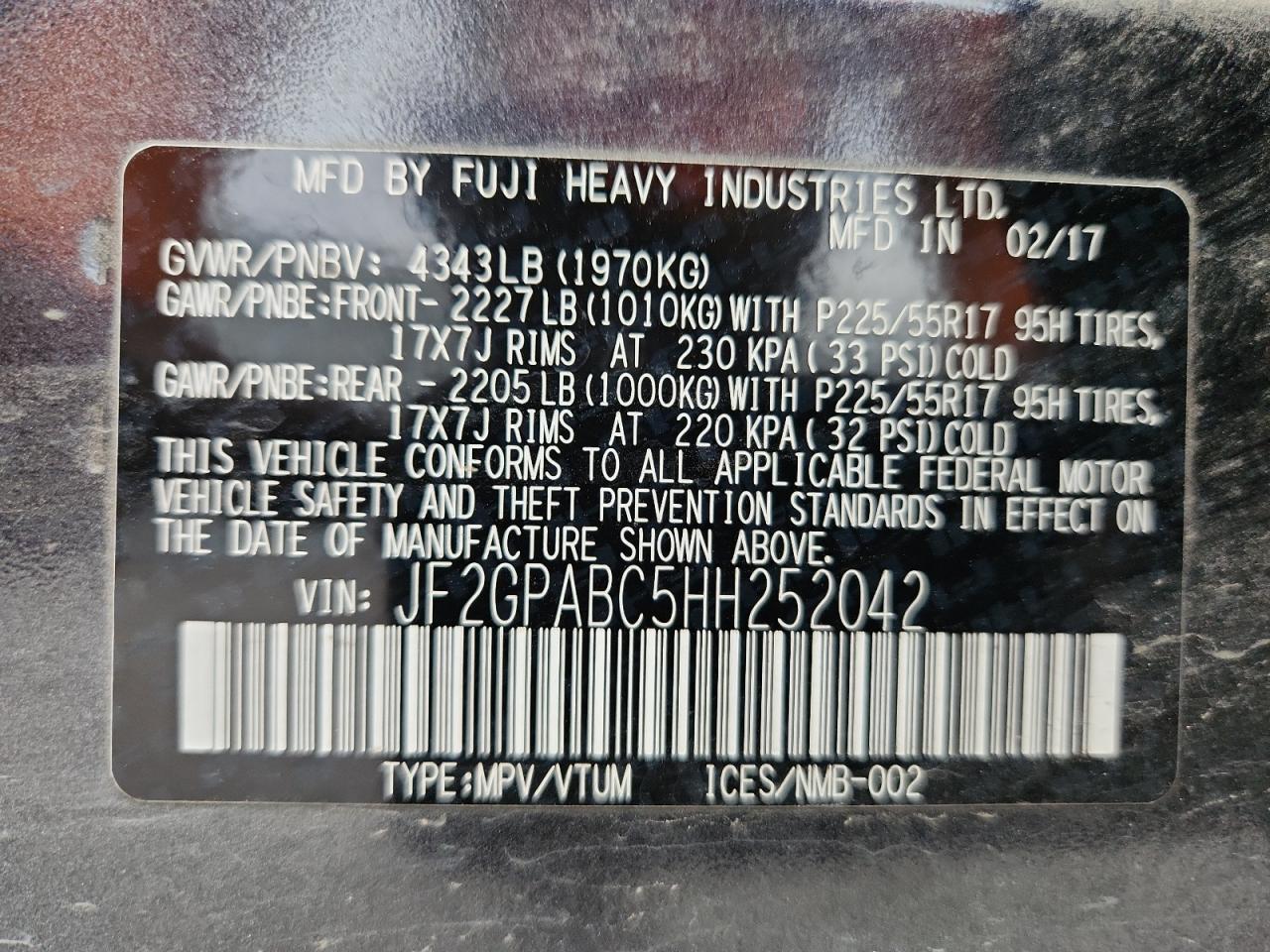 2017 Subaru Crosstrek Premium VIN: JF2GPABC5HH252042 Lot: 86315105