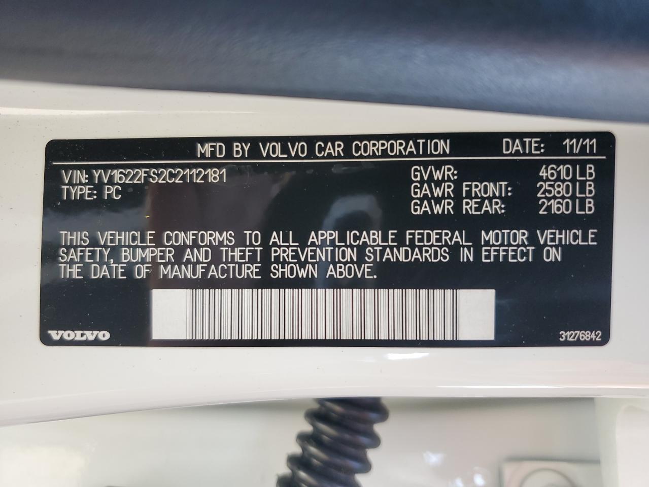 2012 Volvo S60 T5 VIN: YV1622FS2C2112181 Lot: 85720475