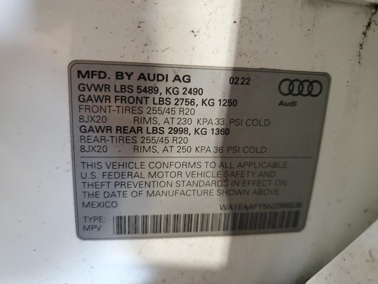 2022 Audi Q5 Premium Plus 45 VIN: WA1EAAFY5N2066538 Lot: 84856355