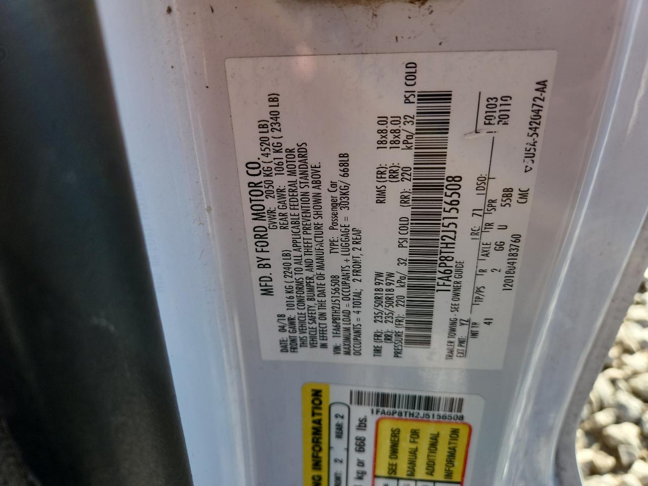 2018 Ford Mustang VIN: 1FA6P8TH2J5156508 Lot: 82541055