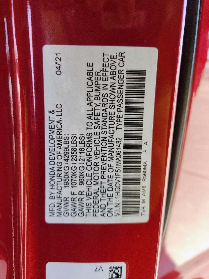 2021 Honda Accord Exl VIN: 1HGCV1F51MA061432 Lot: 85337485
