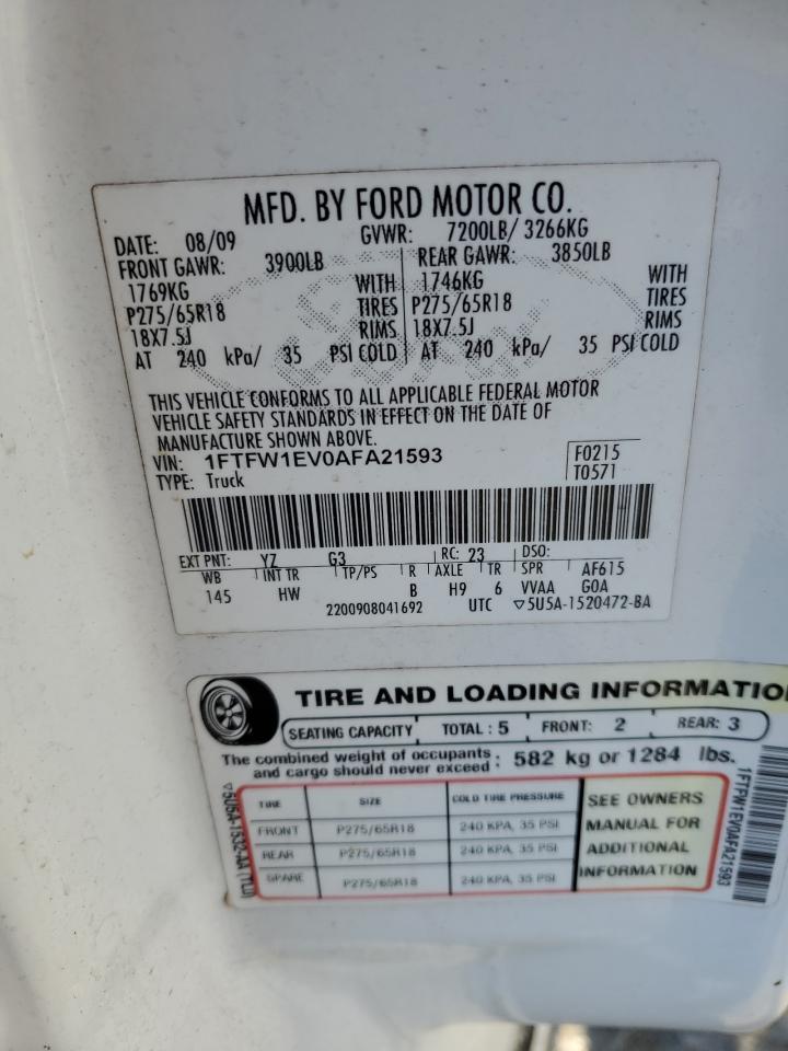 2010 Ford F150 Supercrew VIN: 1FTFW1EV0AFA21593 Lot: 82584855