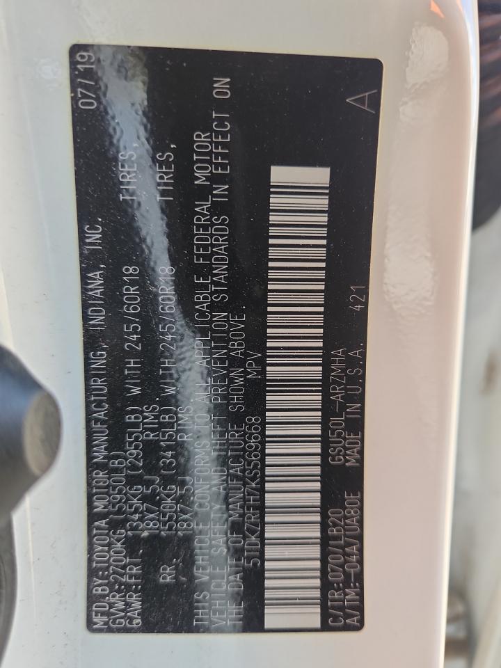 2019 Toyota Highlander Se VIN: 5TDKZRFH7KS569668 Lot: 85486265