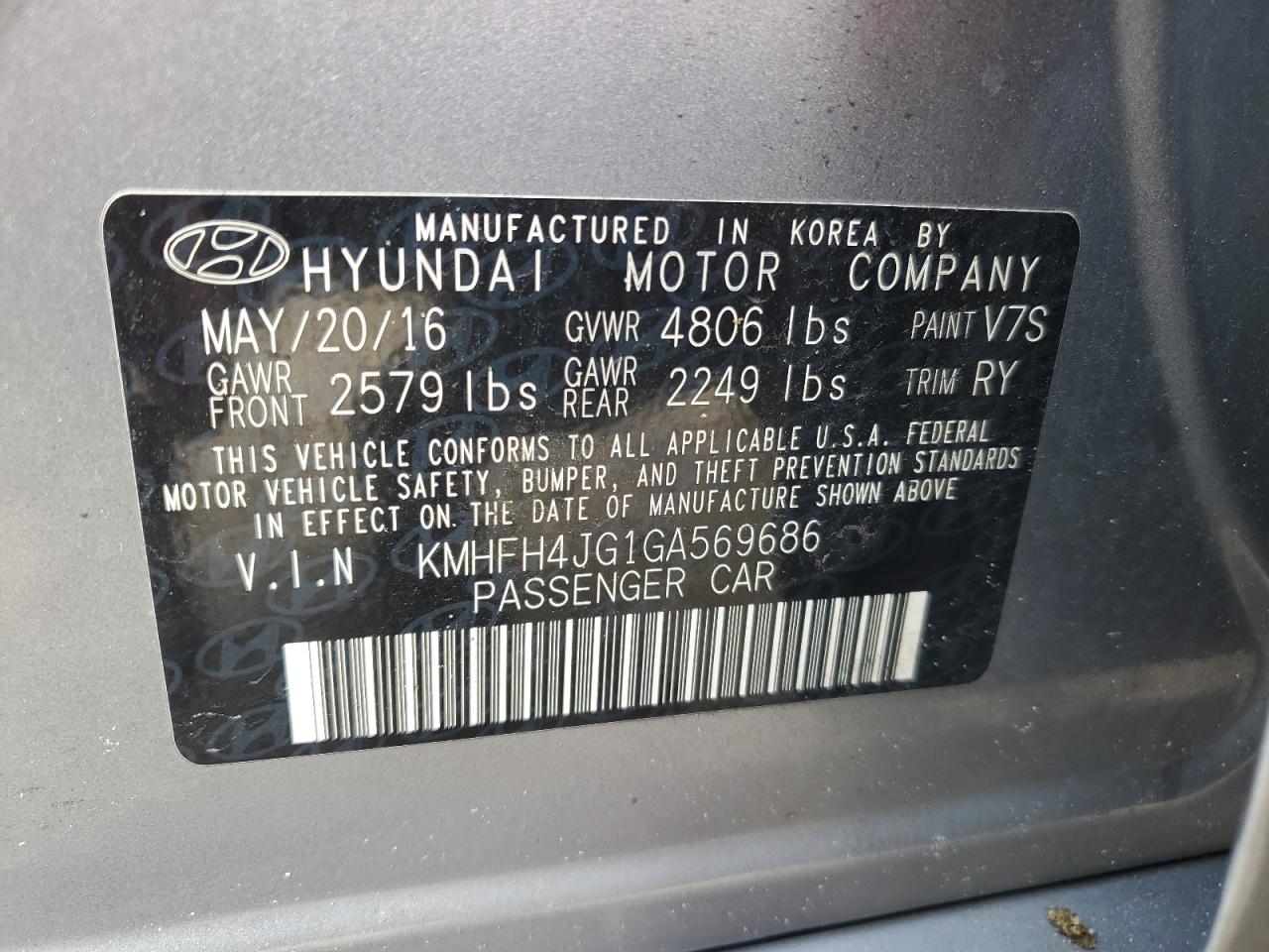 2016 Hyundai Azera Limited VIN: KMHFH4JG1GA569686 Lot: 84792425