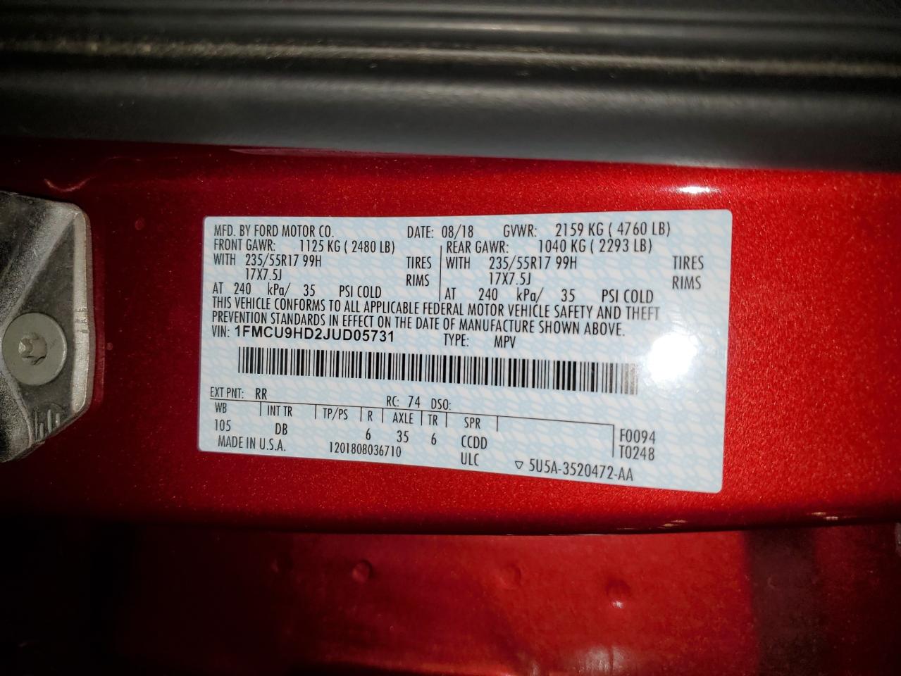 2018 Ford Escape Sel VIN: 1FMCU9HD2JUD05731 Lot: 89527935