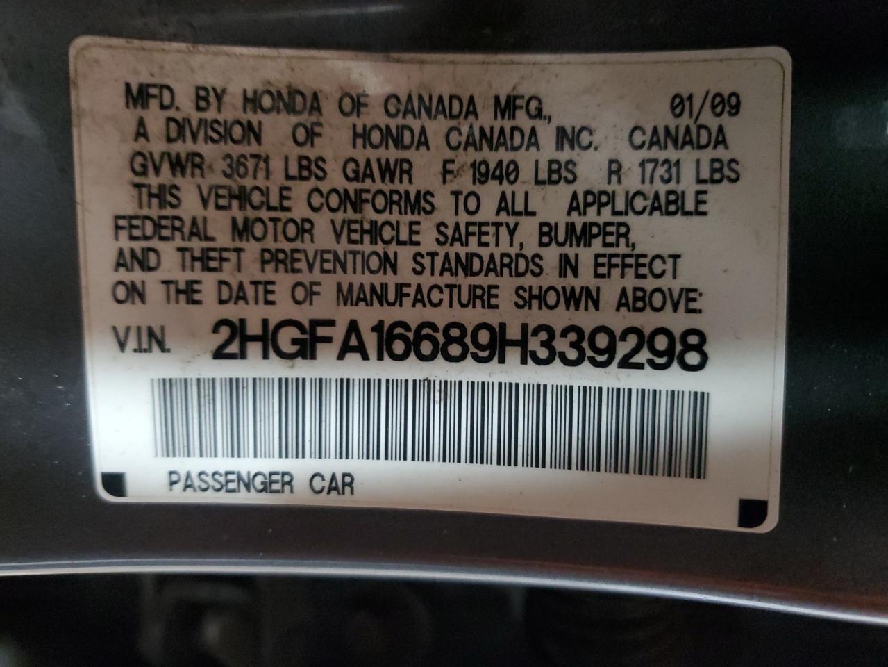 2009 Honda Civic Lx-S VIN: 2HGFA16689H339298 Lot: 86809395