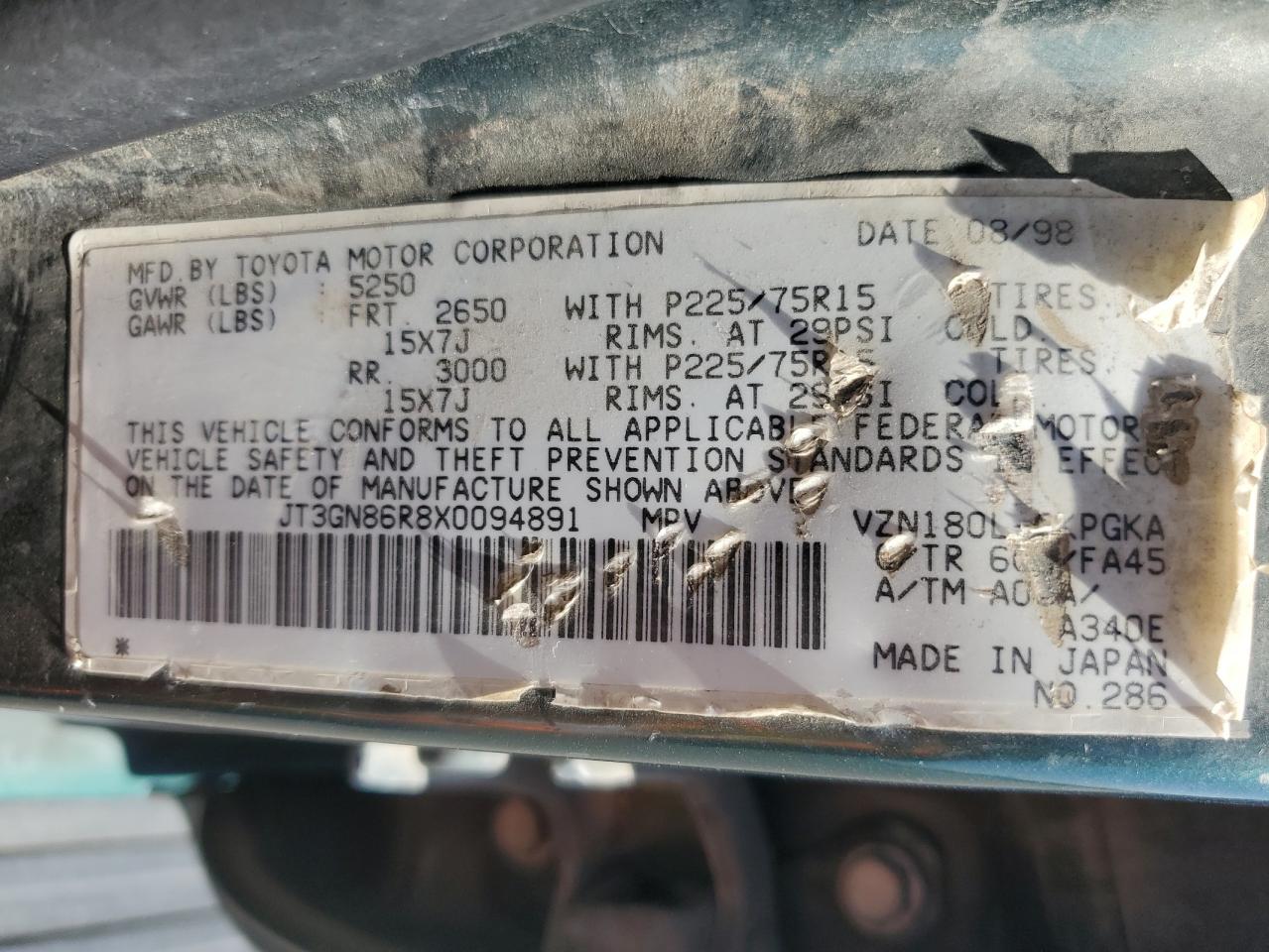 1999 Toyota 4Runner Sr5 VIN: JT3GN86R8X0094891 Lot: 82364565