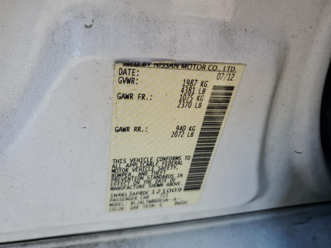 2013 Nissan Altima 3.5S VIN: 1N4BL3AP8DC121009 Lot: 86125085