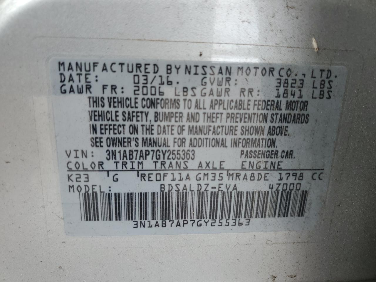 2016 Nissan Sentra S VIN: 3N1AB7AP7GY255363 Lot: 86214755
