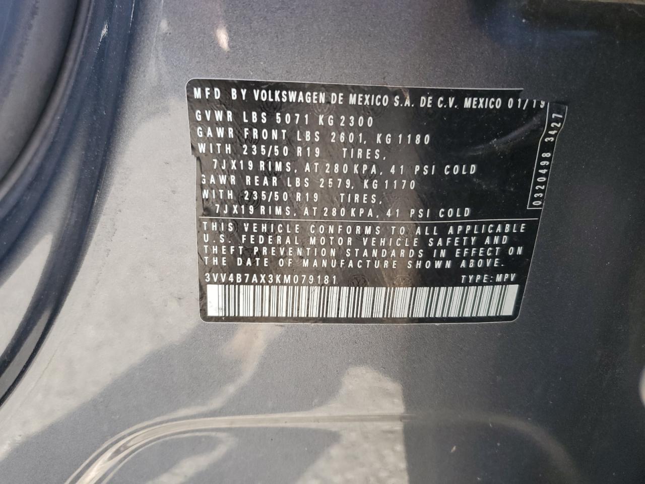 2019 Volkswagen Tiguan Sel Premium VIN: 3VV4B7AX3KM079181 Lot: 85824045