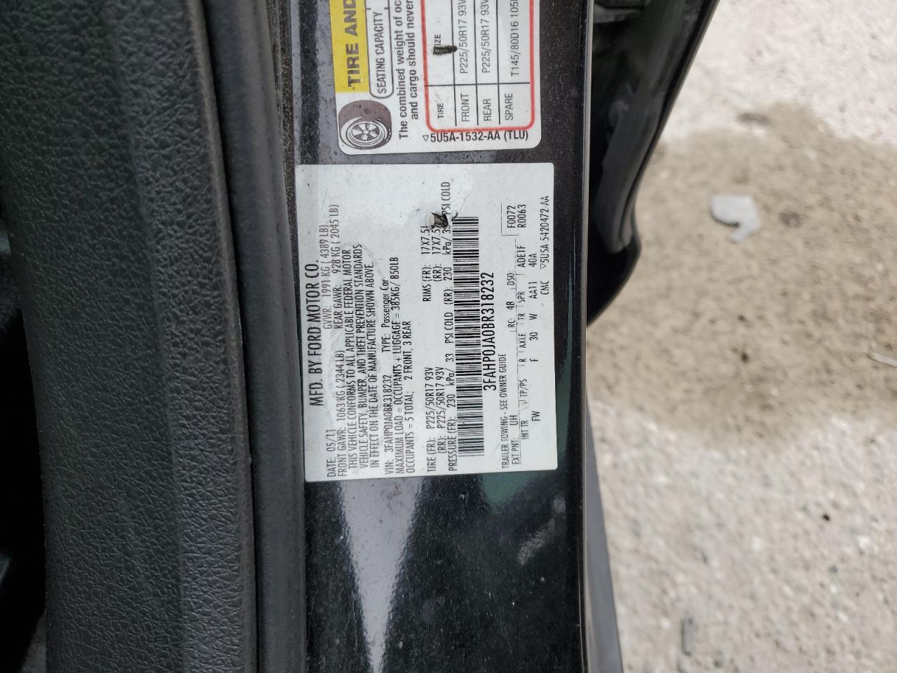 2011 Ford Fusion Sel VIN: 3FAHP0JA0BR318232 Lot: 90277735