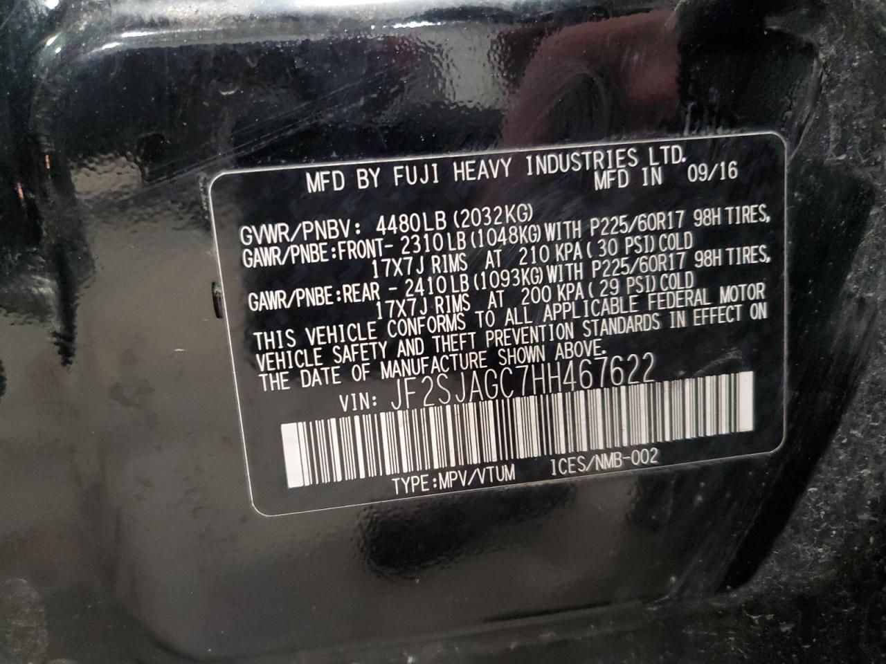 2017 Subaru Forester 2.5I Premium VIN: JF2SJAGC7HH467622 Lot: 85206215