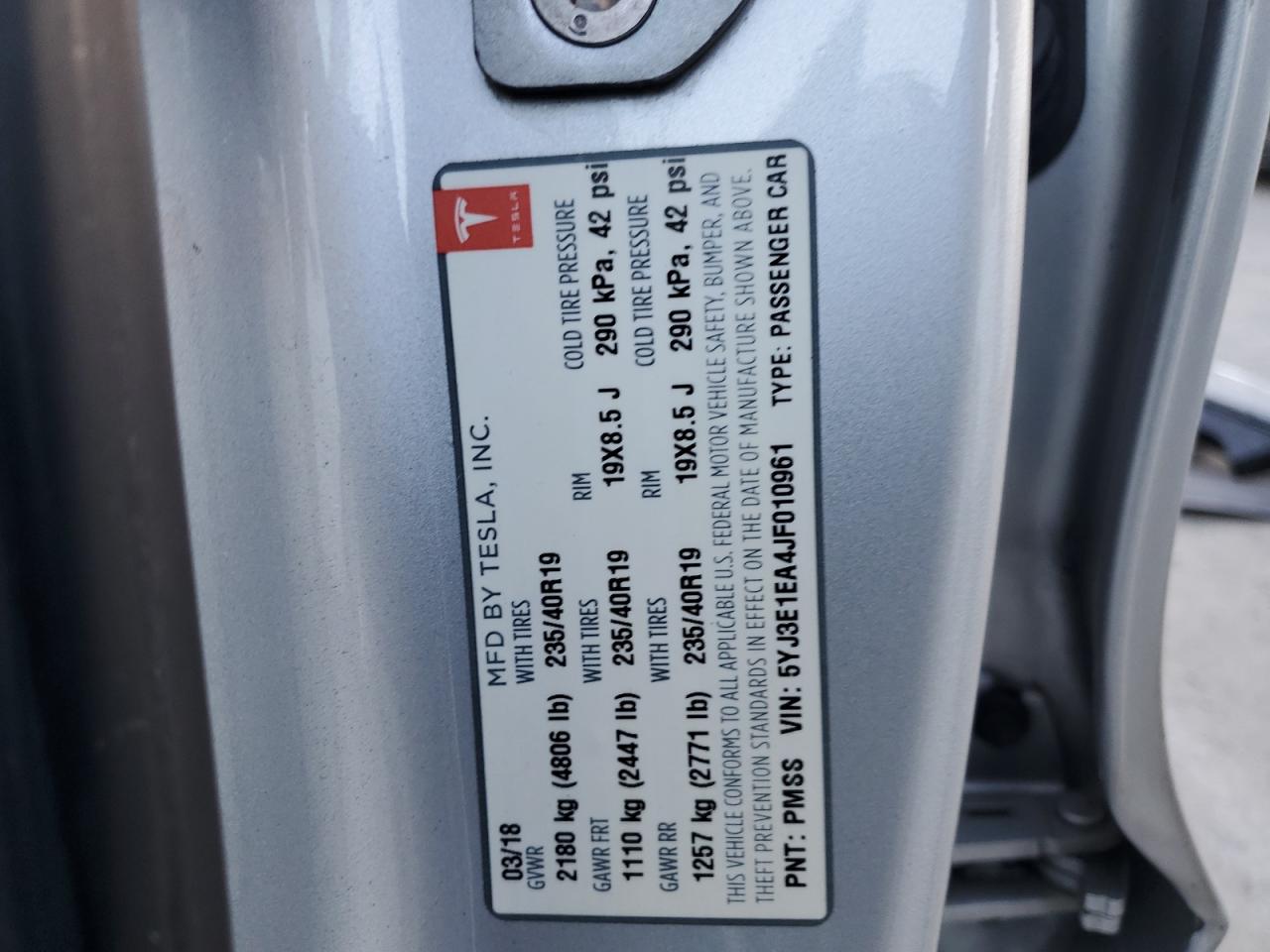 2018 Tesla Model 3 VIN: 5YJ3E1EA4JF010961 Lot: 87474815