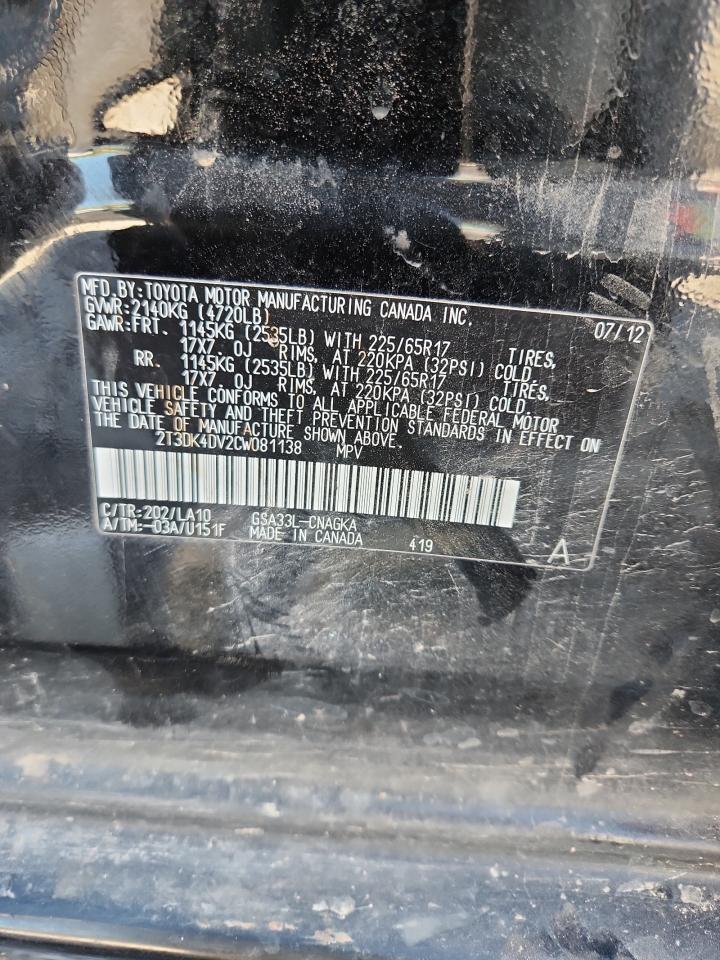 2012 Toyota Rav4 Limited VIN: 2T3DK4DV2CW081138 Lot: 82326985