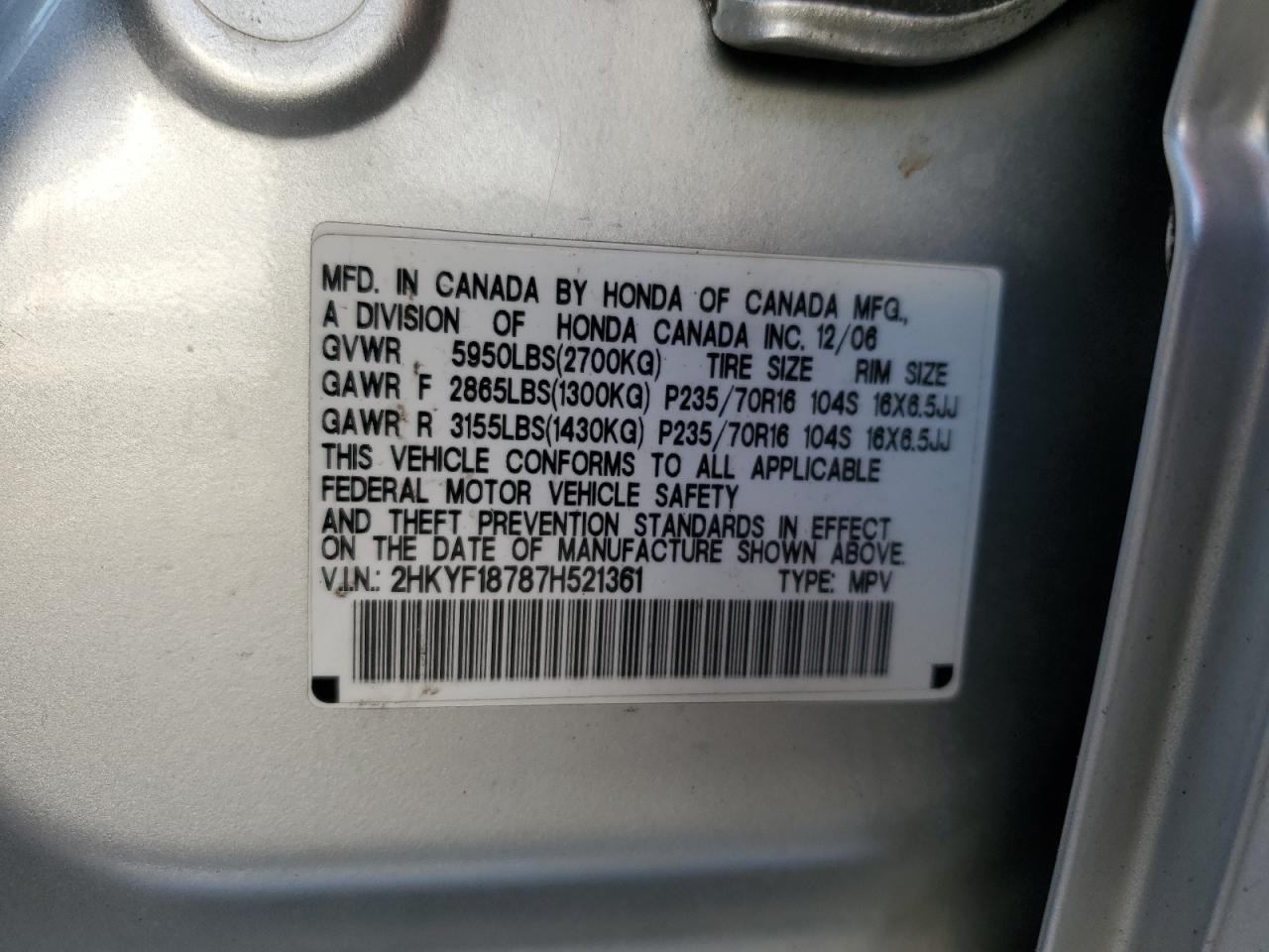 2007 Honda Pilot Exl VIN: 2HKYF18787H521361 Lot: 84709445