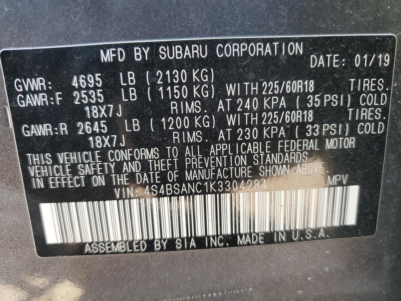 2019 Subaru Outback 2.5I Limited VIN: 4S4BSANC1K3304284 Lot: 84439535