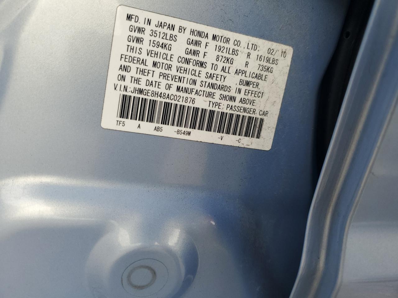 2010 Honda Fit Sport VIN: JHMGE8H48AC021876 Lot: 87238445