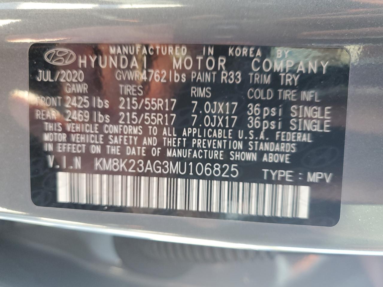 2021 Hyundai Kona Sel VIN: KM8K23AG3MU106825 Lot: 86083145
