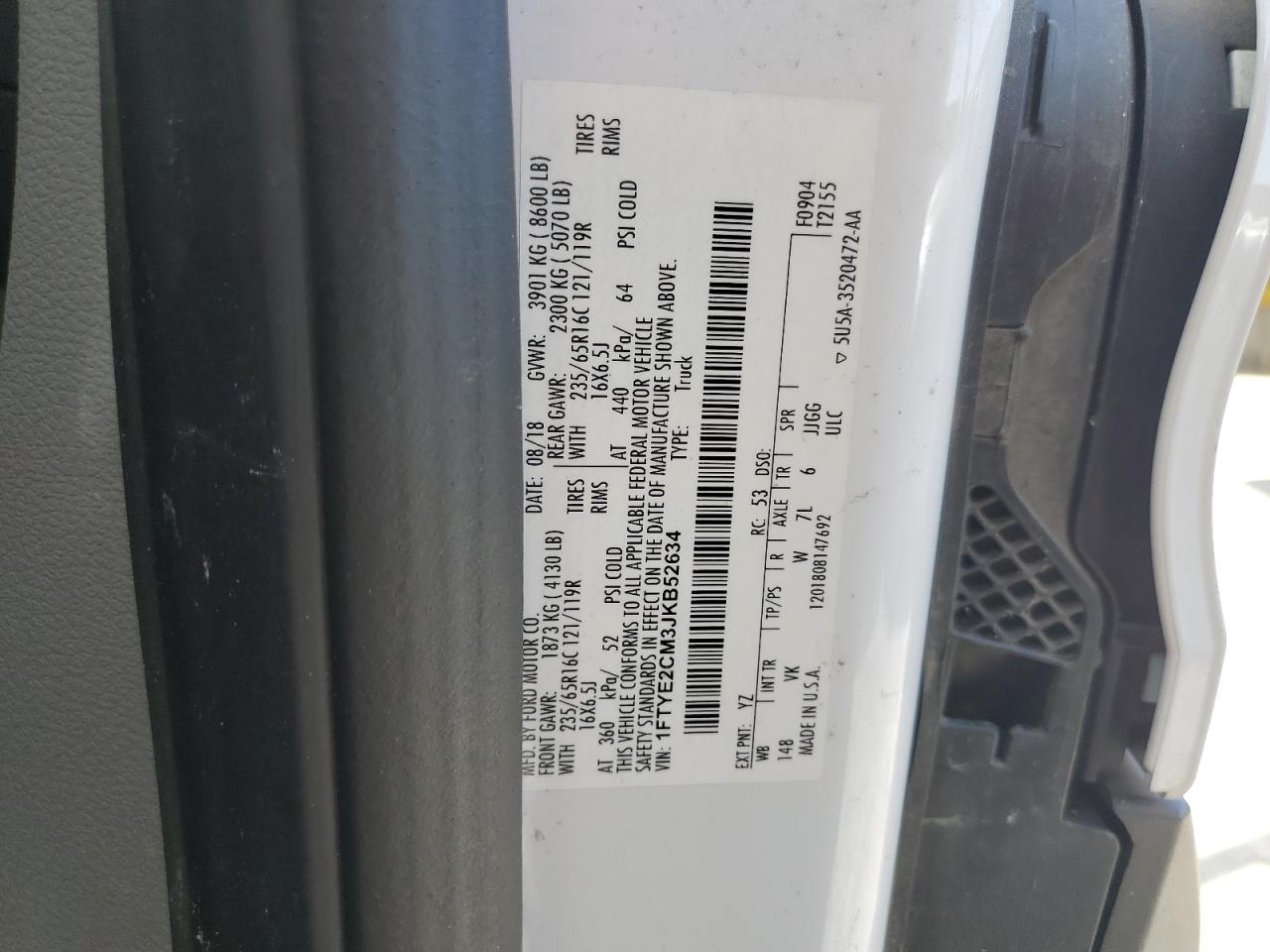 2018 Ford Transit T-150 VIN: 1FTYE2CM3JKB52634 Lot: 84918645