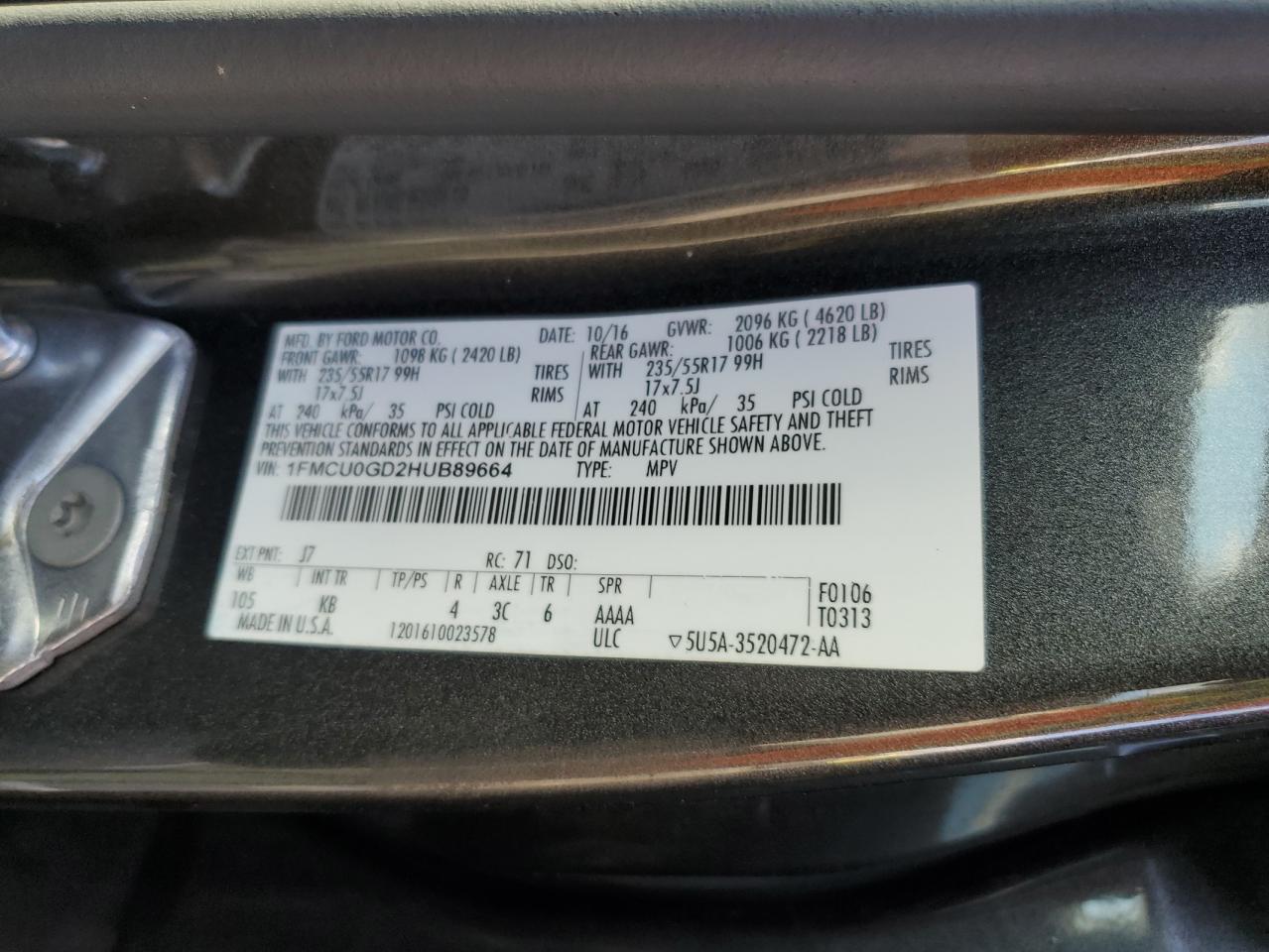 2017 Ford Escape Se VIN: 1FMCU0GD2HUB89664 Lot: 84293275
