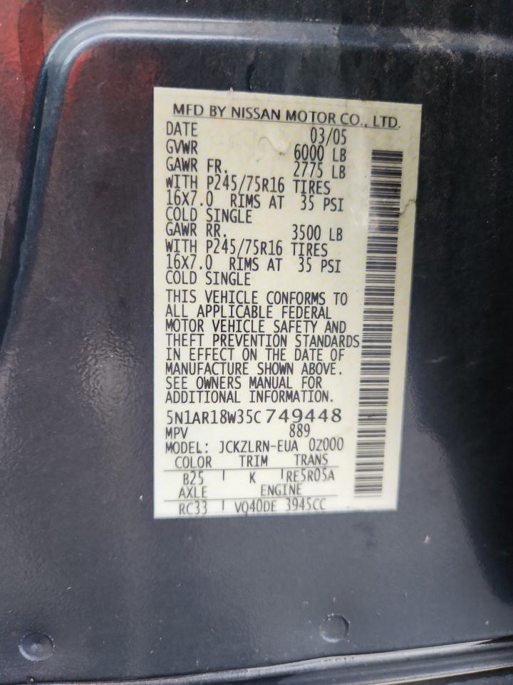 2005 Nissan Pathfinder Le VIN: 5N1AR18W35C749448 Lot: 84068505