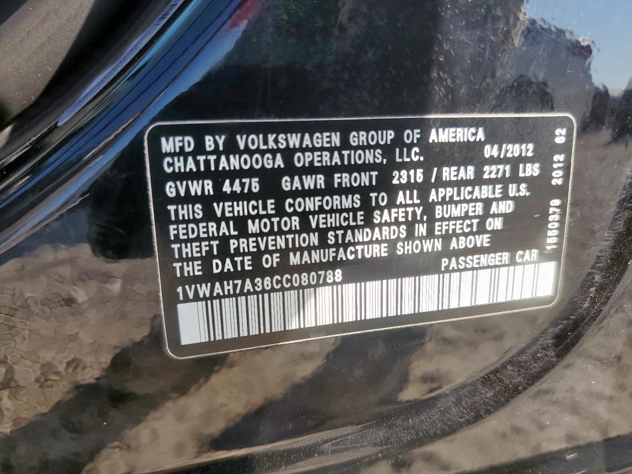 2012 Volkswagen Passat S VIN: 1VWAH7A36CC080788 Lot: 82306045