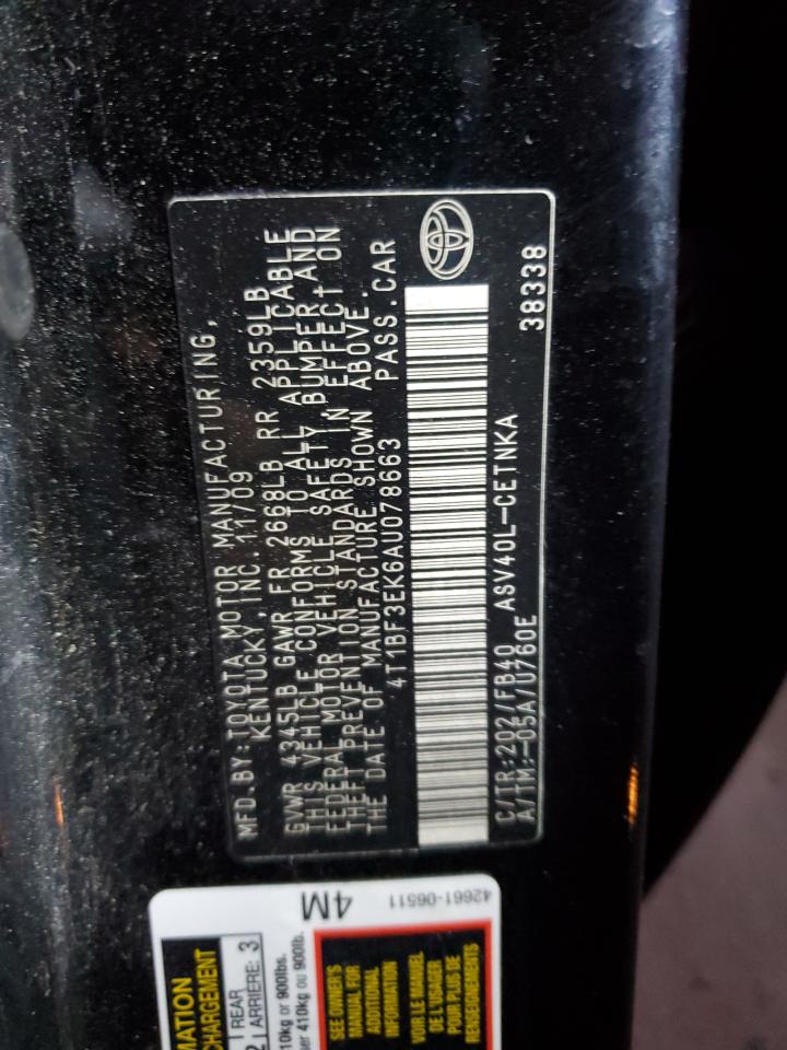 2010 Toyota Camry Base VIN: 4T1BF3EK6AU078663 Lot: 85123045