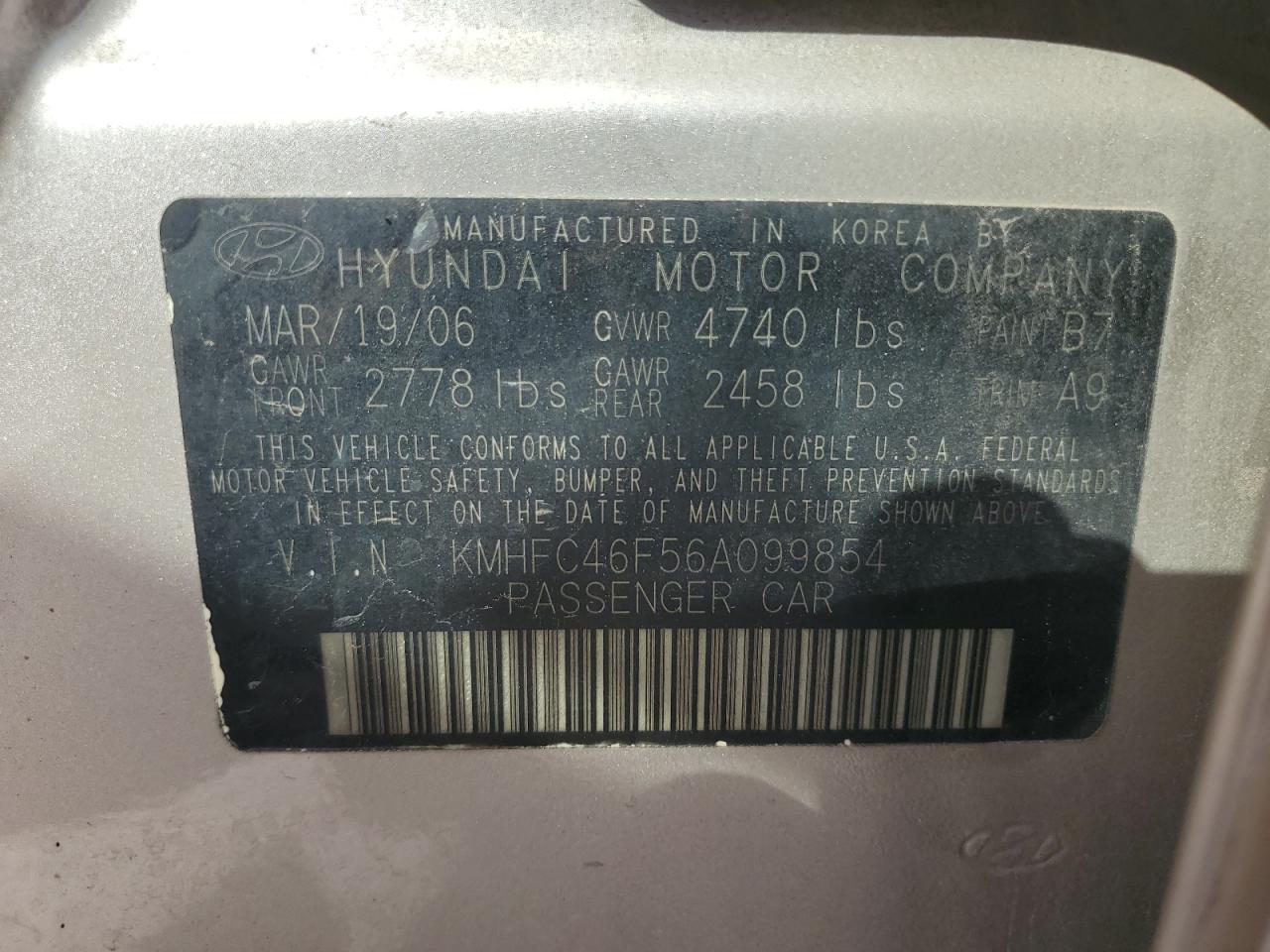 2006 Hyundai Azera Se VIN: KMHFC46F56A099854 Lot: 87006965