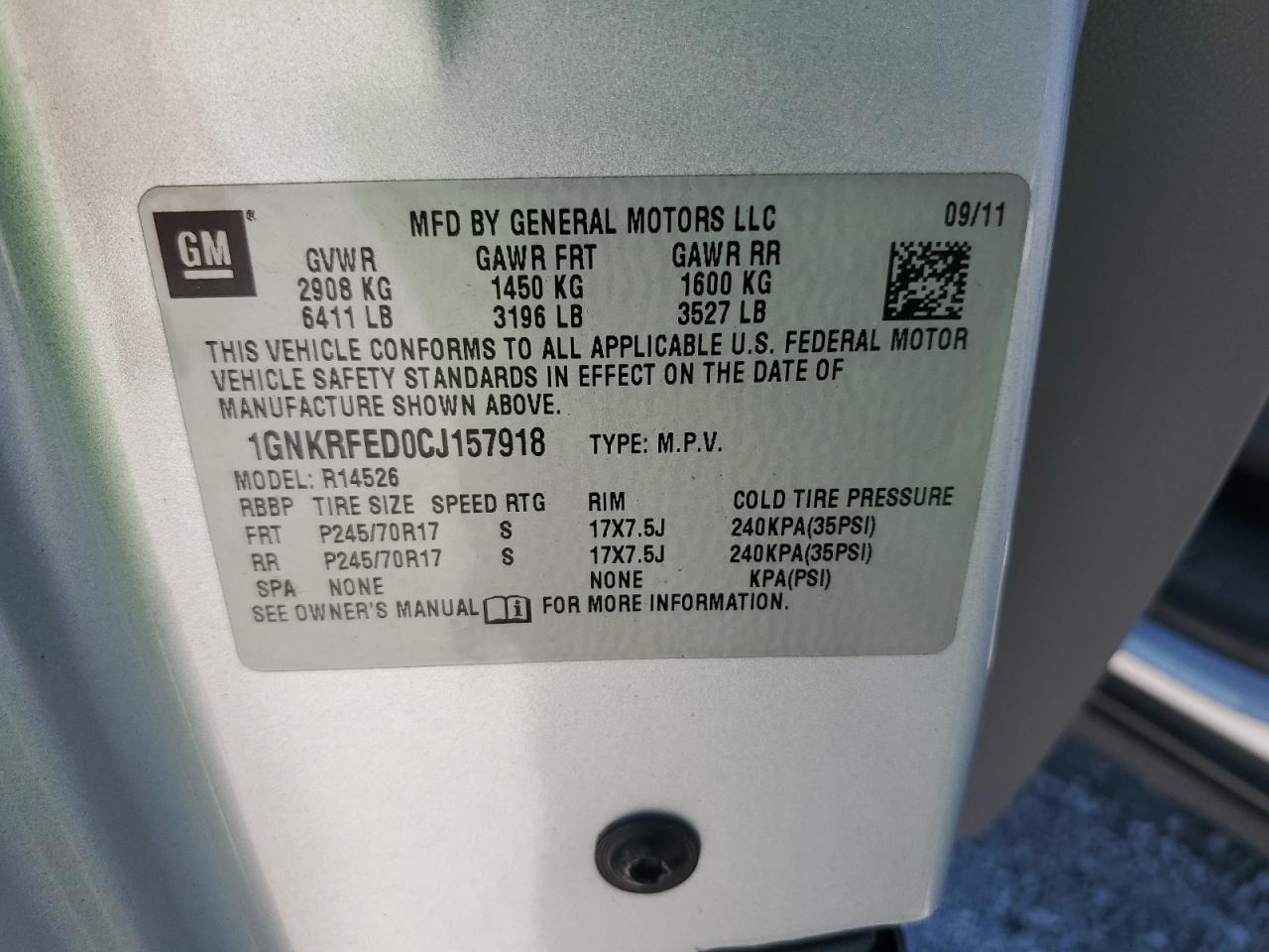 2012 Chevrolet Traverse Ls VIN: 1GNKRFED0CJ157918 Lot: 84815535