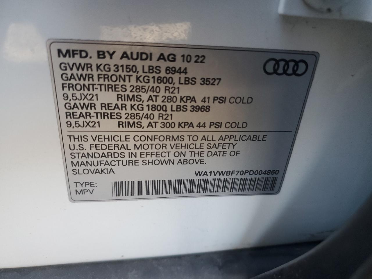 2023 Audi Sq7 Prestige VIN: WA1VWBF70PD004860 Lot: 90116185