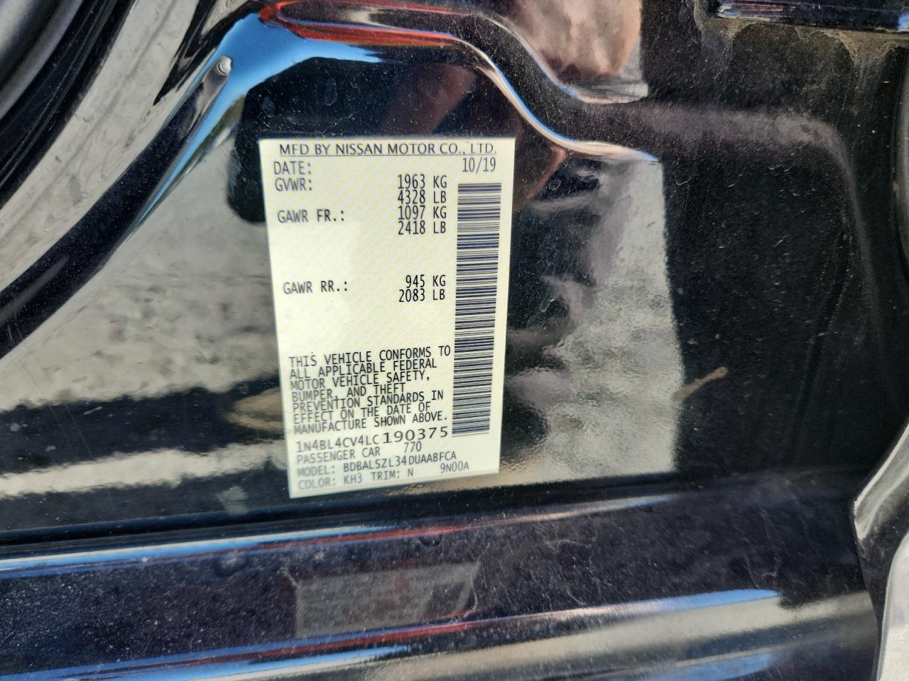 2020 Nissan Altima Sr VIN: 1N4BL4CV4LC190375 Lot: 82701075