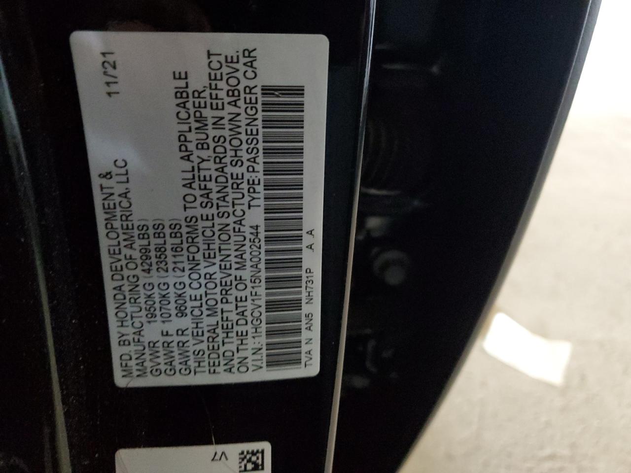 2022 Honda Accord Lx VIN: 1HGCV1F15NA002544 Lot: 82233995