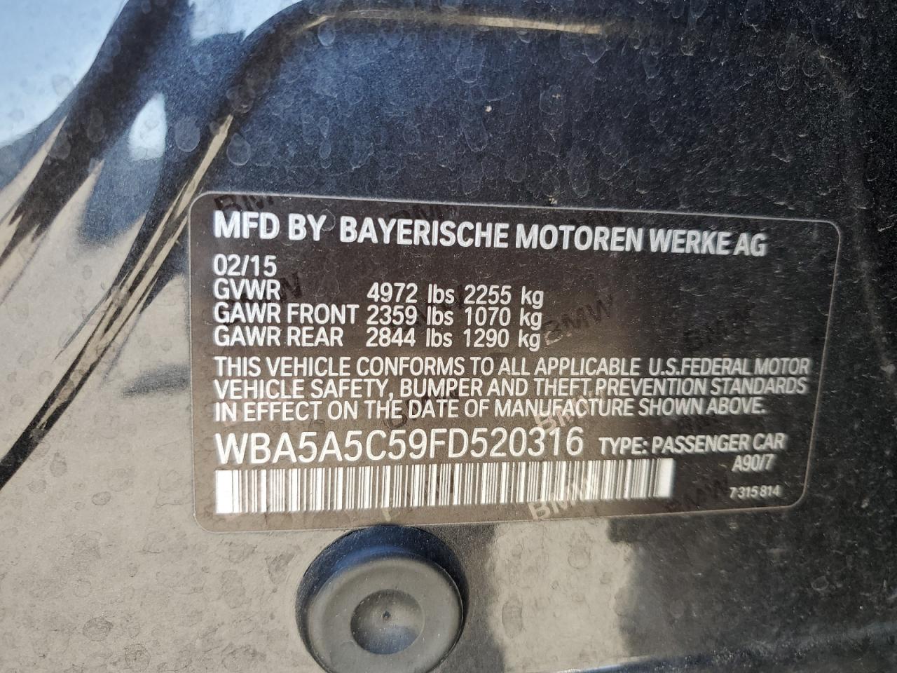 2015 BMW 528 I VIN: WBA5A5C59FD520316 Lot: 85193295