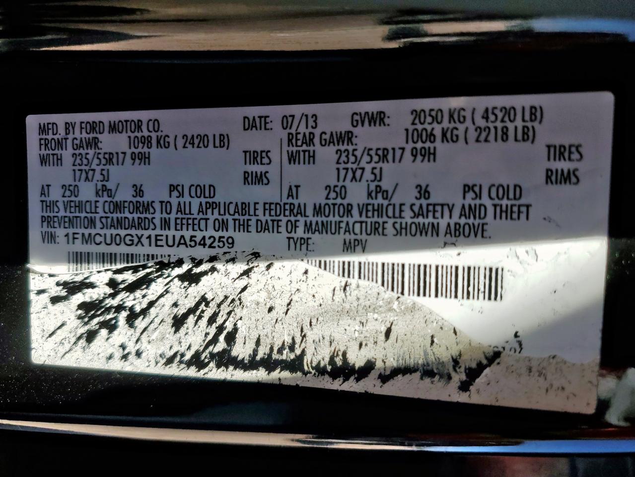 2014 Ford Escape Se VIN: 1FMCU0GX1EUA54259 Lot: 85862095