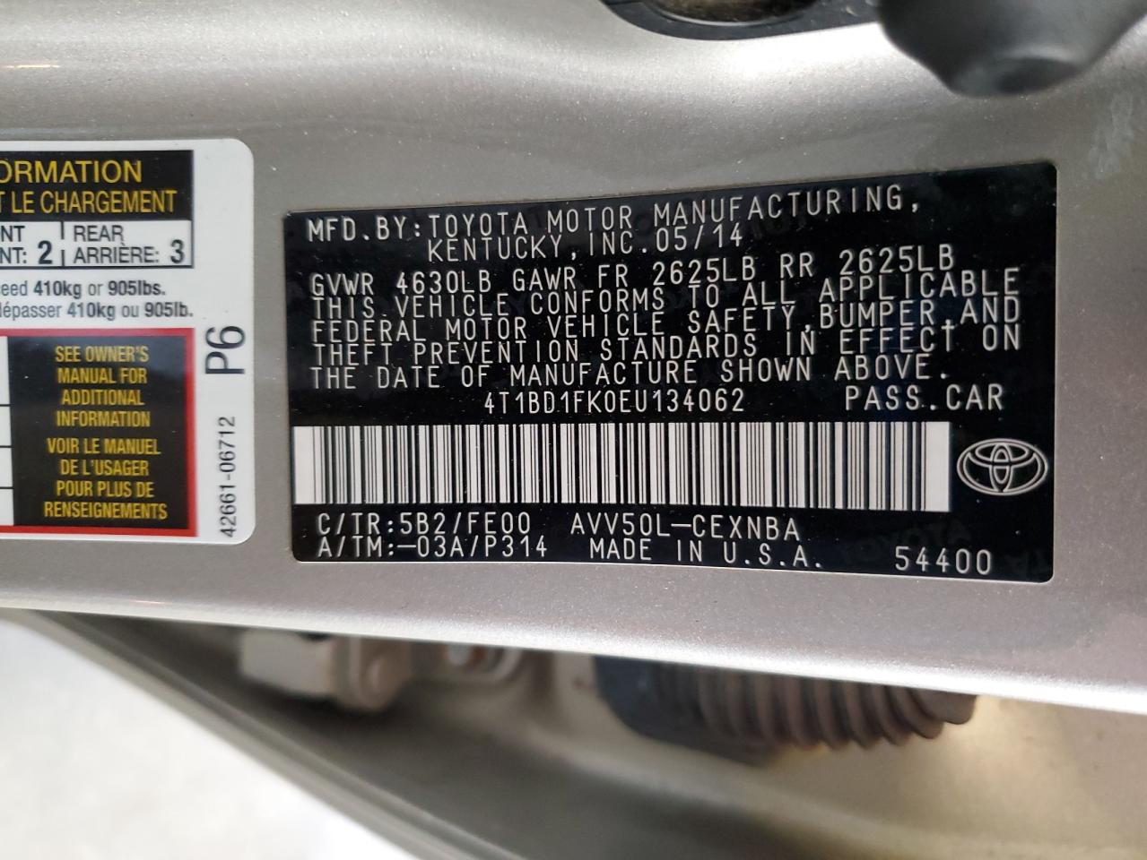 2014 Toyota Camry Hybrid VIN: 4T1BD1FK0EU134062 Lot: 81985025