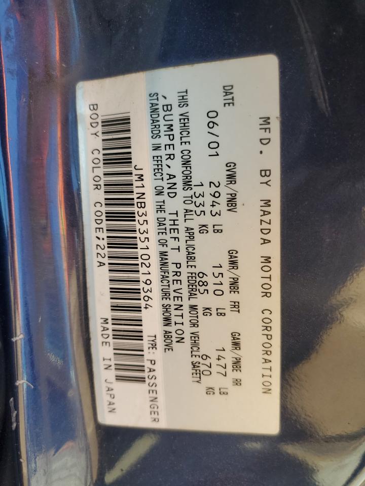 2001 Mazda Mx-5 Miata Base VIN: JM1NB353510219364 Lot: 86690655