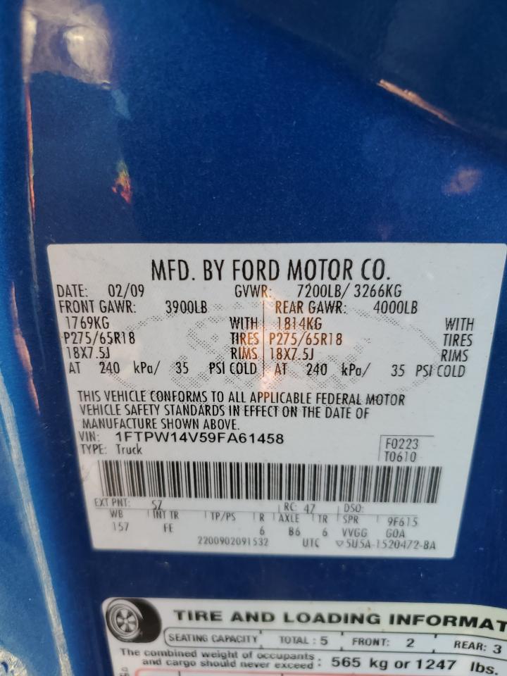 2009 Ford F150 Supercrew VIN: 1FTPW14V59FA61458 Lot: 89442375