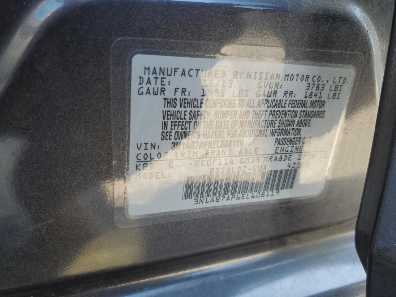 2014 Nissan Sentra S VIN: 3N1AB7AP6EL608119 Lot: 85270325