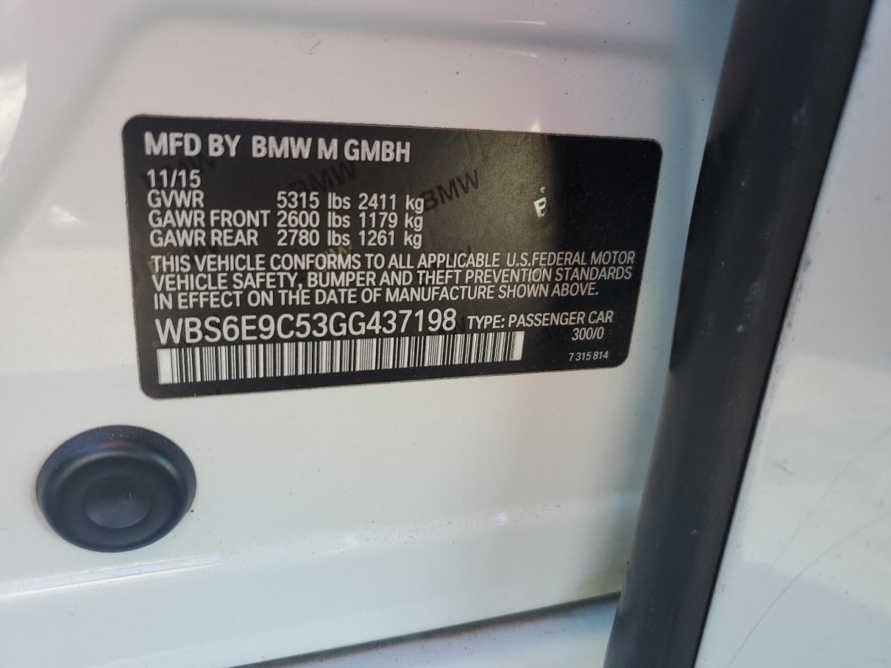 2016 BMW M6 Gran Coupe VIN: WBS6E9C53GG437198 Lot: 82663275
