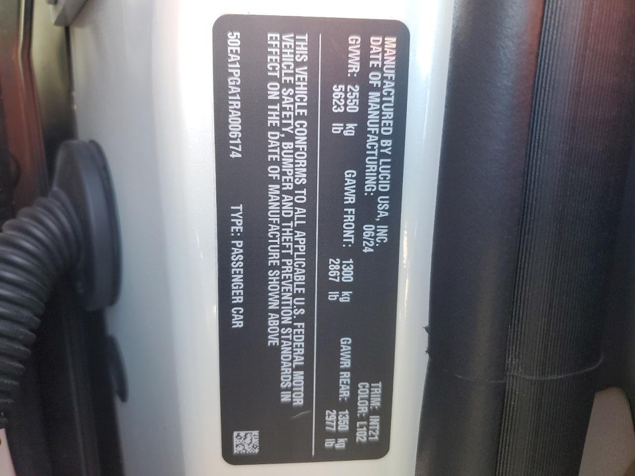 2024 Lucid Motors Air Pure VIN: 50EA1PGA1RA006174 Lot: 87107015