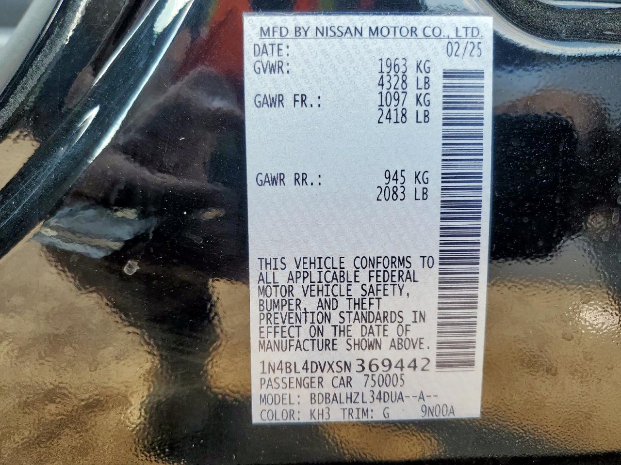 2025 Nissan Altima Sv VIN: 1N4BL4DVXSN369442 Lot: 84618515